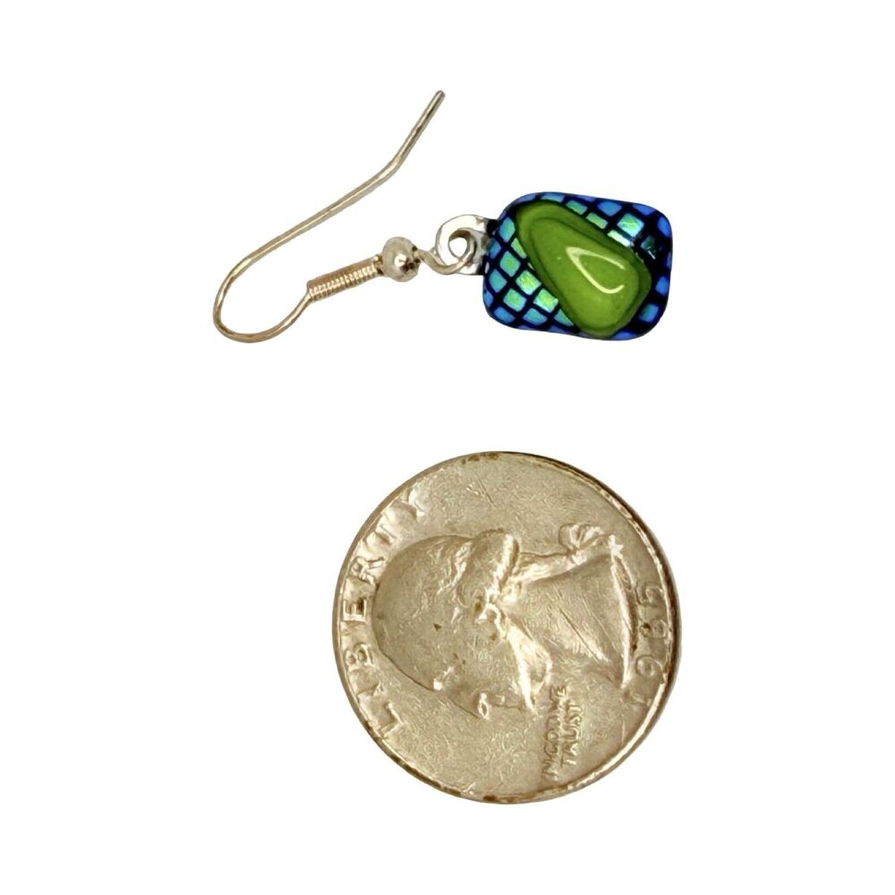 Artesian Dichroic Glass Dangle Earrings 1" Green & Blue Unique Murano Style - Picture 11 of 13